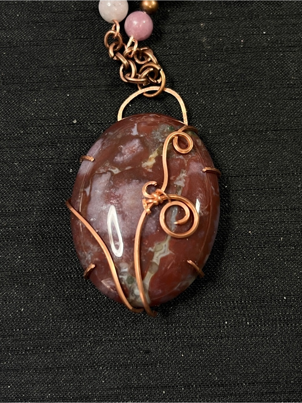 Copper wire wrapped carnelian cabochon Necklace with Kunzite & copper Beads 18” - Picture 4 of 4